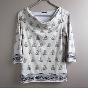 J. McLaughlin Off White Blue Floral Scroll Design 3/4 sleeve stretch Top small